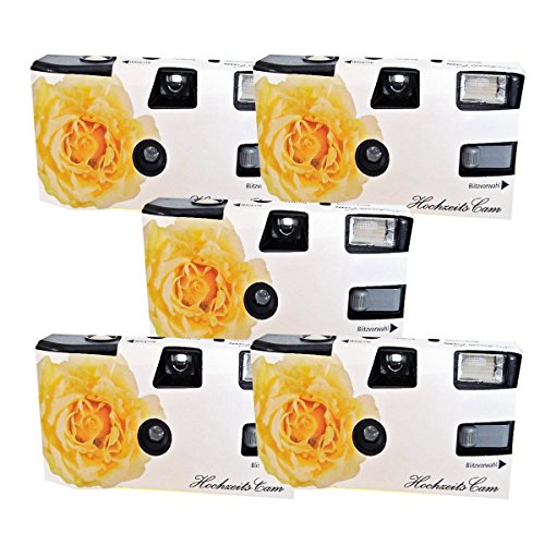 5 x 1A PHOTO PORST Hochzeitskamera/Einwegkamera gelbe Hochzeitsrose (mit Blitzlicht und Batterien, je 27 Fotos, ISO 400 Fuji) von 1A PHOTO PORST