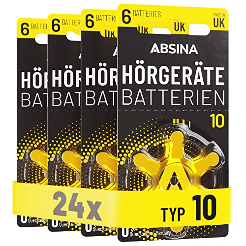 ABSINA Hörgerätebatterien 10 24 Stück mit gut greifbarer Schutzfolie - Hörgeräte Batterien 10 Zink Luft mit 1,45V - Typ 10 Batterien Hörgeräte Gelb - PR70 ZL4 P10 Hörgerätebatterien von ABSINA