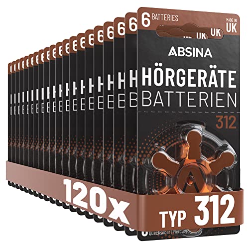 ABSINA Hörgerätebatterien 312 120 Stück mit gut greifbarer Schutzfolie - Batterien für Hörgeräte 312 Zink Luft mit 1,45V - Typ 312 Hörgeräte Batterie Braun - PR41 ZL3 P312 Hörgerätebatterien von ABSINA
