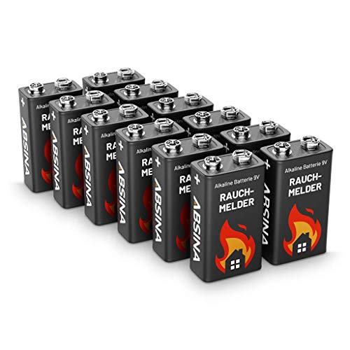 ABSINA Rauchmelder Batterie 9V Block - 12er Pack Alkaline 9V Block Batterien langlebig & auslaufsicher - Blockbatterien für Feuermelder, Bewegungsmelder, Kohlenmonoxid, Warnmelder & Rauchwarnmelder von ABSINA