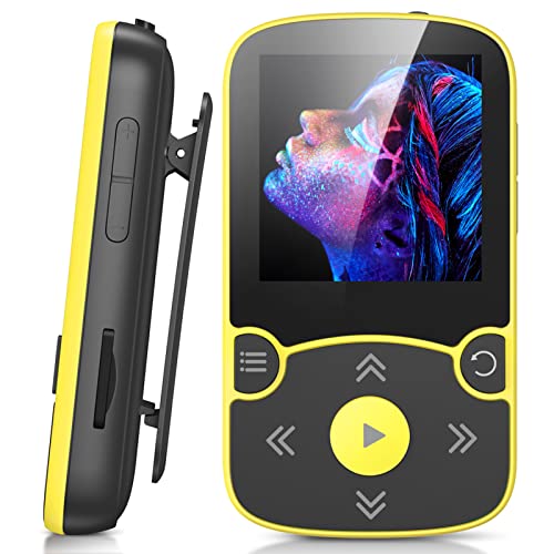 AGPTEK MP3 Player Bluetooth 5.3 Sport 32GB mit 1,5 Zoll TFT Farbbildschirm, Mini Musik Player mit Clip, Unterstützt bis 128GB TF Karte, mit unabhängiger Lautstärketaste, FM Radio, Schrittzähler, Gelb von AGPTEK
