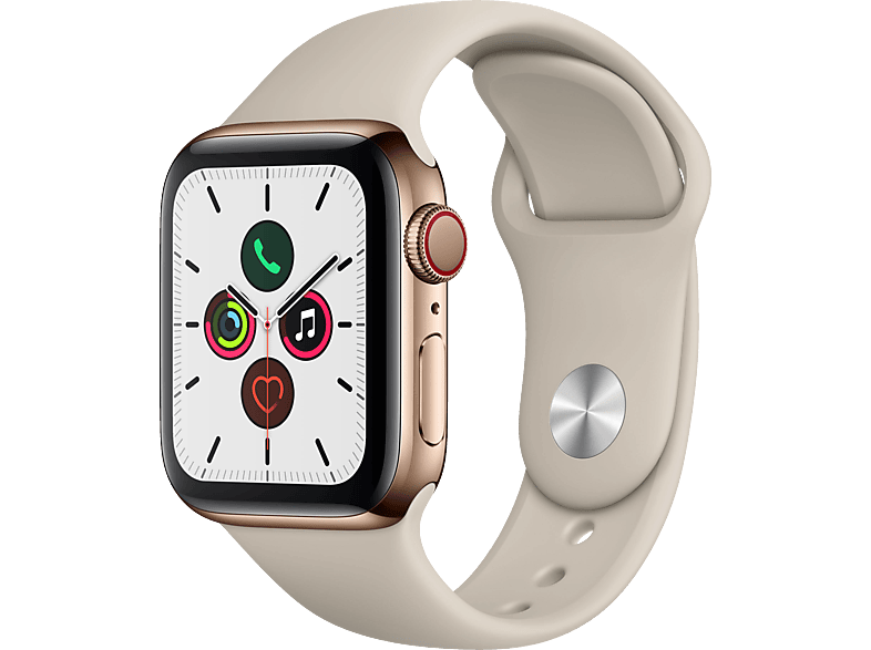 APPLE Watch Series 5 (GPS + Cellular) 40mm Smartwatch Edelstahl Fluorelastomer, 130 - 200 mm, Armband: Stein, Gehäuse: Gold von APPLE