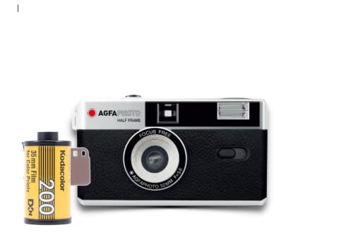 AgfaPhoto analoge 35mm 1/2 Format Foto Kamera Black im Set mit Color Negativ Film + Batterie von AgfaPhoto