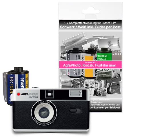AgfaPhoto analoge 35mm 1/2 Format Foto Kamera im Set mit Schwarz/weiß Negativ Film + Batterie + Negativ + Bildentwicklung per Post von AgfaPhoto