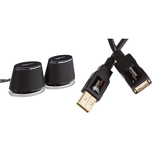 Amazon Basics - PC-Lautsprecher mit dynamischem Sound, USB-Betrieb, Schwarz, 1 Paar & 1IGG USB 2.0-Verlängerungskabel A-Stecker auf A-Buchse, 2 m,Schwarz von Amazon Basics