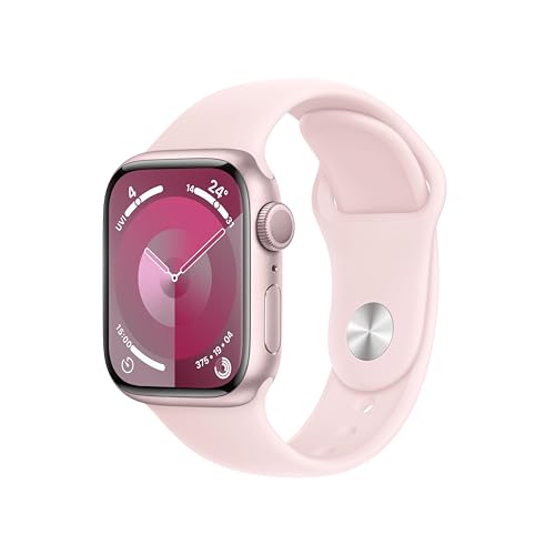 Apple Watch Series 9 (GPS, 41 mm) Smartwatch mit Aluminiumgehäuse in Pink und Sportarmband S/M in Hellrosa. Fitnesstracker, Blutsauerstoff und EKG Apps, Always-On Retina Display, Wasserschutz von Apple