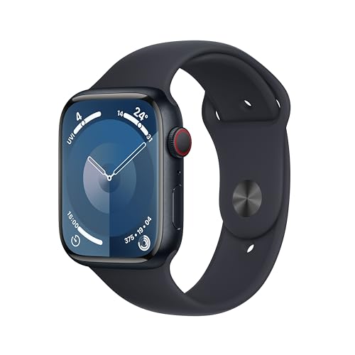 Apple Watch Series 9 (GPS + Cellular, 45 mm) Smartwatch mit Aluminiumgehäuse und Sportarmband S/M in Mitternacht. Fitnesstracker, Blutsauerstoff und EKG Apps, Always-On Retina Display, Wasserschutz von Apple