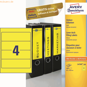 Avery Zweckform Ordner-Etiketten 192x61mm gelb 100 Blatt/400 Etiketten von Avery Zweckform