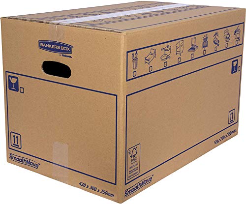 Bankers Box 6208301 Pack 10 Kartonboxen mit Griffen für Umzug, Lagerung und Transport, robust, verstärkter Einzelkanal, 32 Liter, Braun, 43 x 30 x 25 cm von BANKERS BOX