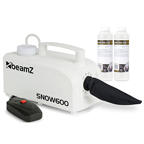 BeamZ SNOW600 Set Schneemaschine mit Flüssigkeit, 600 Watt Schnee Maschine mit Kabelfernbedienung, Snow Machine mit Konzentrat zum Mischen, mini Schneekanone Garten, Party Gadget, Winter Simulation von Beamz