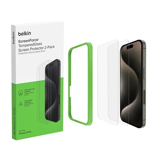 Belkin ScreenForce TemperedGlass antimikrobielle Display-Schutzfolie für iPhone 15 Pro, dünn, kristallklar, kratzfest, Positionierungsrahmen für Blasenfreie Applikation, 2er-Pack, Exklusiv bei Amazon von Belkin