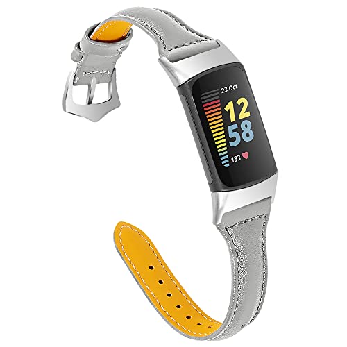 Chofit Armband kompatibel mit Fitbit Charge 5 Armband, schlankes Leder, Blumendruck-Armband, Ersatzarmband, verstellbares Armband für Charge 5 Activity Tracker (grau) von Chofit