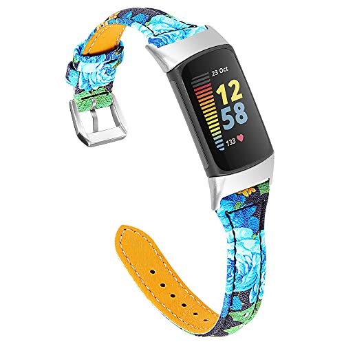 Chofit Armband kompatibel mit Fitbit Charge 5 Armband, schlankes Lederarmband, Blumendruck-Armband, Ersatzarmband, verstellbares Armband für Charge 5 Activity Tracker (J) von Chofit
