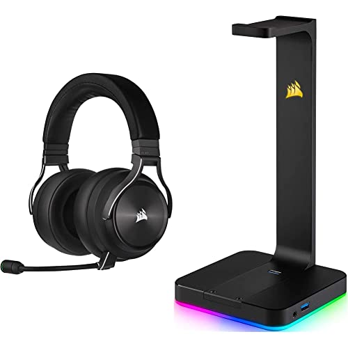 Corsair Virtuoso RGB Wireless XT Hi-Fi-Gaming-Headset mit Räumlichem Klang, Schiefer & ST100 Premium Kopfhörer-Ständer (2X USB 3.1, Aluminium, 7.1 Dolby Audio Ausgang) schwarz von Corsair