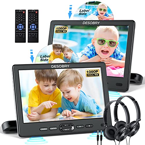 DESOBRY Auto DVD Player 10,5 Zoll 2 Monitore Kopfstütze 2 Kopfhörer HDMI Eingang DVI Kabel, Tragbarer DVD Player Kinder Fernseher Unterstützt 1080P Mit Halterung USB/SD, AV IN/Out von DESOBRY