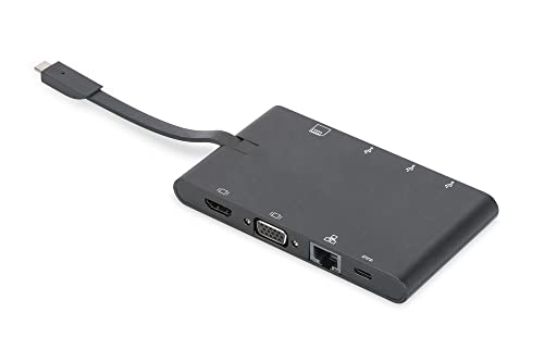 DIGITUS USB-C Travel Docking Station – 9 Ports – 1x HDMI, 1x VGA (4K@30Hz) – 2x USB 3.0 / USB 2.0, 2x USB Typ-C – RJ45 LAN, Kartenleser – Schwarz von DIGITUS