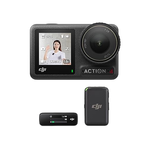 DJI Osmo Action 4+Mikrofon (1 Sender+1 Empfänger) – Vlogging-Kamera mit einem 1/1,3-Zoll-Sensor, 360° HorizonSteady, geeignet für Videoerstellung und -aufnahme, Mikrofon mit klarem Schallprofil, Winds von DJI