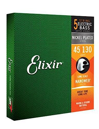 Elixir 14202 Saiten Nickel-Wound 5-str. E-Basssaiten mit NANOWEB Beschichtung, Long Scale, Light (.045-.130) von Elixir