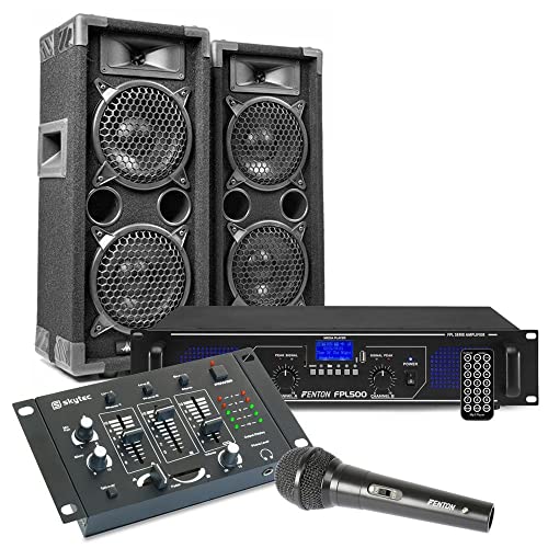 MAX26 PA Anlage Komplett Set, 1200 Watt DJ Boxen Set Lautsprecher mit Verstärker, Mischpult und Mikrofone, Lautsprecherset, Karaoke Set, Mischpult mit Boxen, PA Komplett Set - Schwarz von Fenton