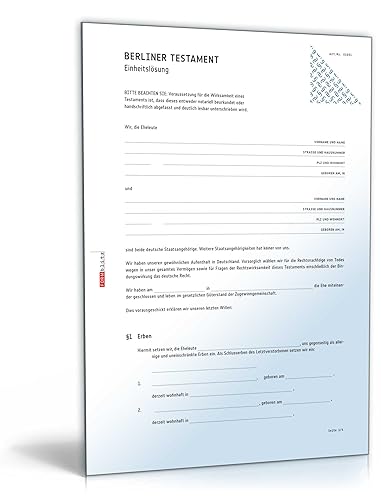 Berliner Testament Einheitslösung (PDF) - Ehegattentestament [Download] von Formblitz AG