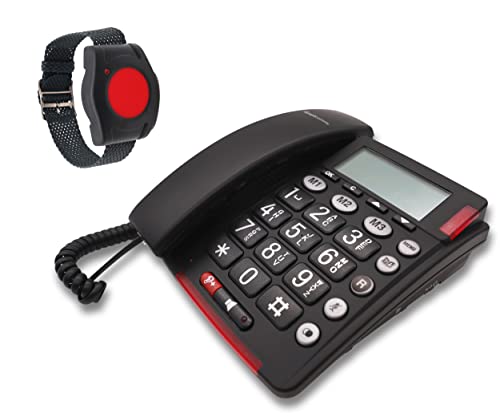 G-TELWARE® (ELDAT-Variante!) 2022/23er Modell Seniorentelefon Senioren-Notruf-Telefon mit Funk-SOS-Sender, schnurgebundenes Festnetztelefon, 1 Armbandsender, Große Tasten, Hörgerätekompatibel… von G-TELWARE