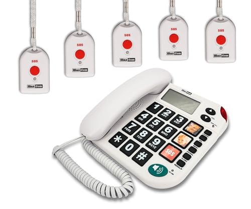 MAXCOM (G-TELWARE®) KXT481SOS 2023-2024er Modell Haus Notruf Seniorentelefon mit Funk-SOS-Sender, Festnetztelefon - 5 Handsender mit Schlaufe, Carbonschwarz, Standard von G-TELWARE