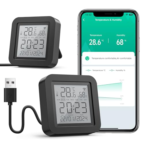 GHome Smart WiFi Thermometer Hygrometer, Smart Infrarot-Fernbedienung Universelle, kompatibel mit Alexa und Google Assistant, mit Digitaler Temperatur Feuchtigkeit Sensor mit großer Bildschirm(2 Pack) von GHome Smart