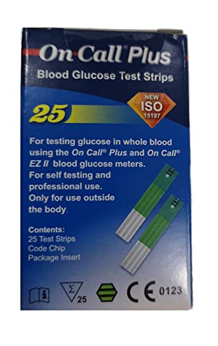 Blutzuckerstreifen, die die Glucosekonzentration im Vollblut messen und mit den On Call Plus II und On Call Plus Blutzuckermessgeräten funktionieren - Packung von 25 Streifen. von GIMA