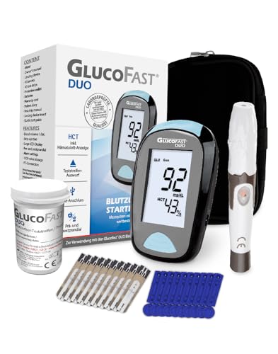 GLUCOFAST Duo Blutzuckermessgerät Starter-Set mit 10x Teststreifen & Lanzetten, Blutzuckermessung in mg/dl, Diabetes Zuckermessgerät mit hoher Genauigkeit von GLUCOFAST