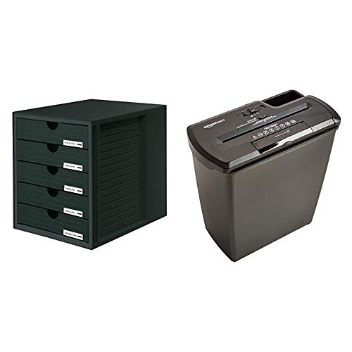 HAN Schubladenbox SYSTEMBOX 1450-13 in Schwarz – Ordnungsbox DIN A4 – Aufbewahrungsbox mit geschlossenen Schubladen & Amazon Basics Aktenvernichter, 8 Blatt, Streifenschnitt, CD-Schredder von HAN