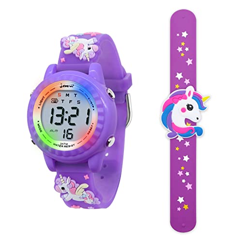 HMJIA 3D Cartoon Design Armbanduhr für Kinder Jungen und Mädchen 3ATM Wasserdicht Kinderuhr mit Wecker/Datum/Stoppuhr/LED (Violettes Einhorn) von HMJIA