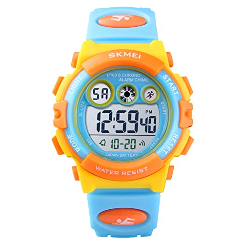 HMJIA Digital Uhren für Kinder 5ATM Sports Digitaluhr für Jungen Kinder Silikon Armbanduhr mit Datum/Wecker/LED/Stoppuhr/Stoßfes (Gelb Blau) von HMJIA
