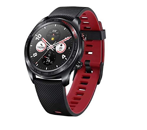HONOR Smartwatch im klassischen Uhrendesign mit 3 cm (1,2 Zoll) AMOLED Display, Meteorite Black + Rotes Silikon von HONOR