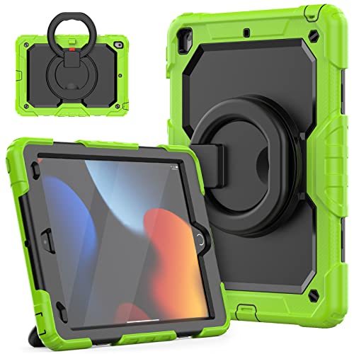 HUEZOE Hülle für iPad 10,2 Zoll, Modell 2021/2020/2019 Stoßfeste Ganzkörper Schutzhülle mit 360 Grad drehbarem Ständer Schultergurt für iPad 9/8/7, Grün von HUEZOE