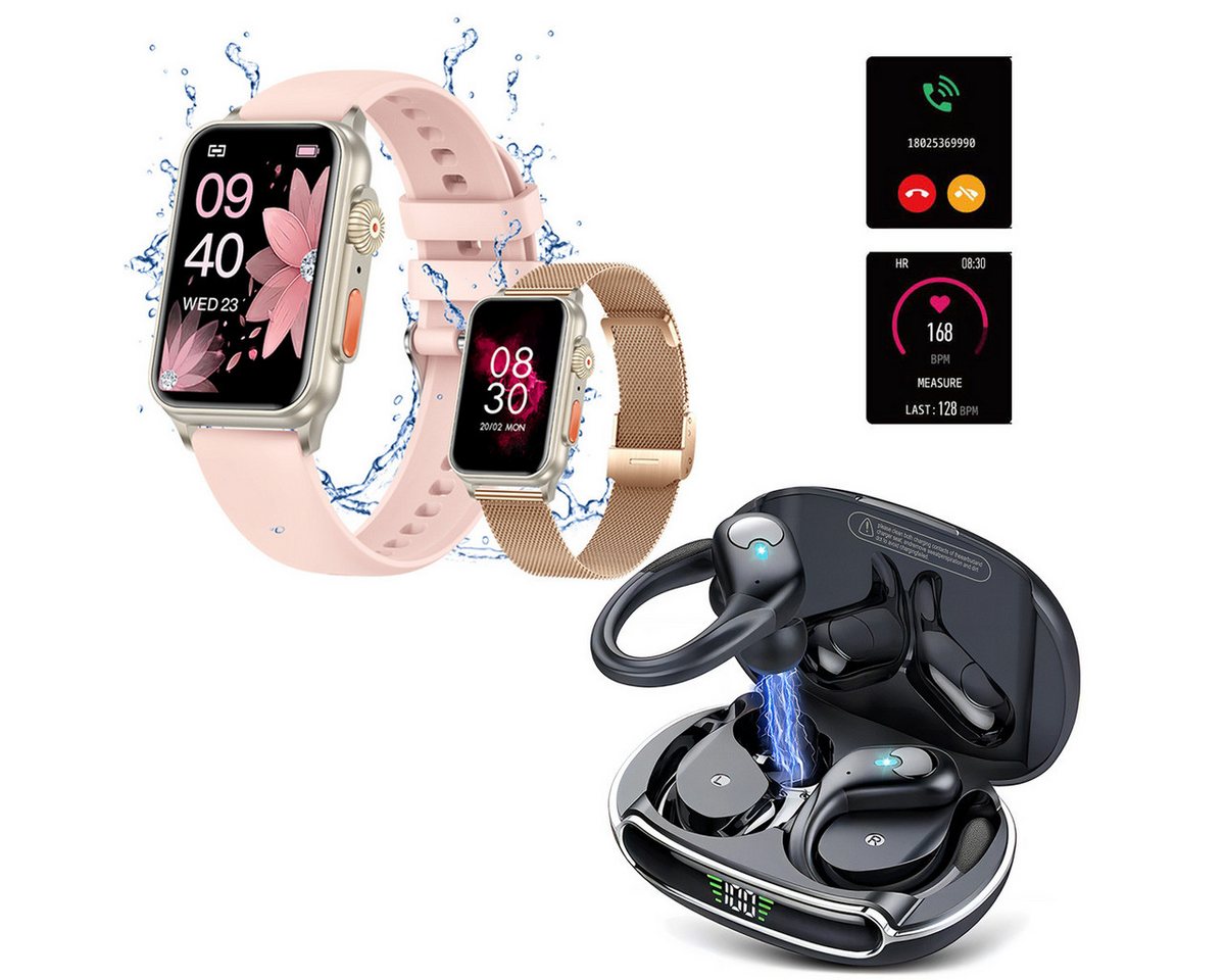 HYIEAR Smartwatch Damen Herren Combo Bluetooth Kopfhörer, LED-Anzeige Smartwatch (4.5 cm/1.77 Zoll) Packung, mit 120 Sportmodi, Inkl. wechselbare Uhrenarmbänder, Pulsmesser, Stereo-Ohrhörer, IP5 Wasserfestigkeit, Voice Assistant von HYIEAR