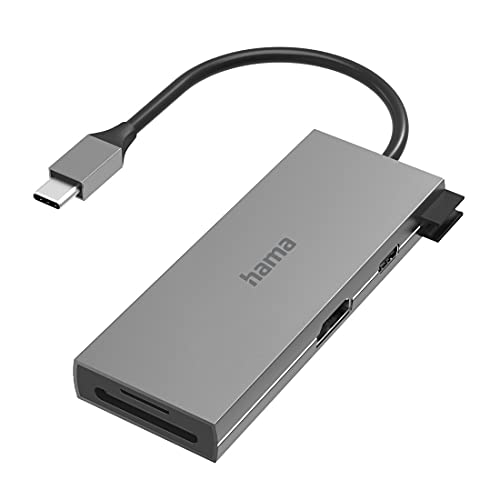 Hama USB C Hub 6 Ports (Multiport Adapter 1x HDMI 4K, 2x USB-A, 1x USB-C zur Übertragung von Daten und zum Laden mit PD, 2x Kartenleser SD und microSD, USB C Adapter 6in1 für Büro, Homeoffice) Alu von Hama
