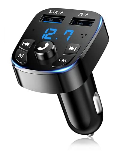 Hikity Bluetooth FM Transmitter Auto, Transmitter für Auto Bluetooth 5.0 Adapter Autoladegerät Zigarettenanzünder mit Freisprechen, 2 USB Anschlüsse (5V/3,1A & 1A) Unterstützt USB Stick von Hikity