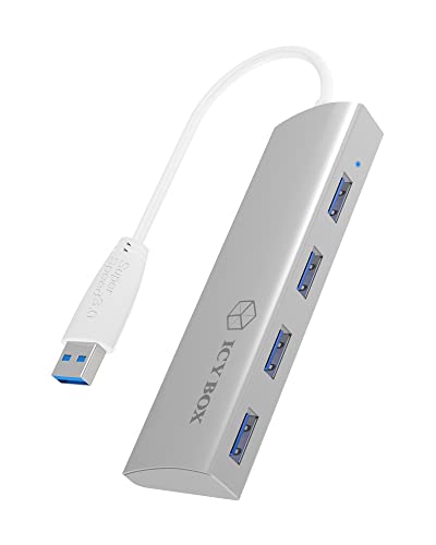 Icy Box IB-AC6401 4-fach USB 3.0 Hub mit integriertem USB-Kabel und Aluminium Gehäuse silber von ICY BOX
