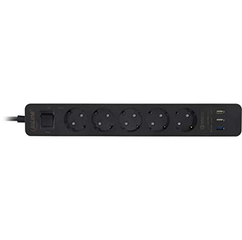 InLine 16491U Steckdosenleiste, 5-fach Schutzkontakt, Überspannungsschutz und QuickCharge USB, mit Schalter, 1,5m, schwarz von InLine