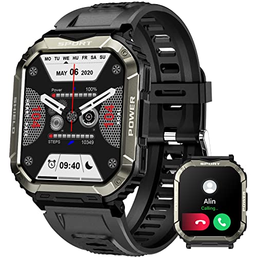 JELLOO Militär-Smartwatch für Herren (Annehmen/Tätigen von Anrufen), 4,6 cm (1,8 Zoll), HD-Touchscreen, Smartwatch mit Herzfrequenz-, Schlafmonitor, Schrittzähler, IP67, wasserdicht, Sport-Smartwatch von JELLOO