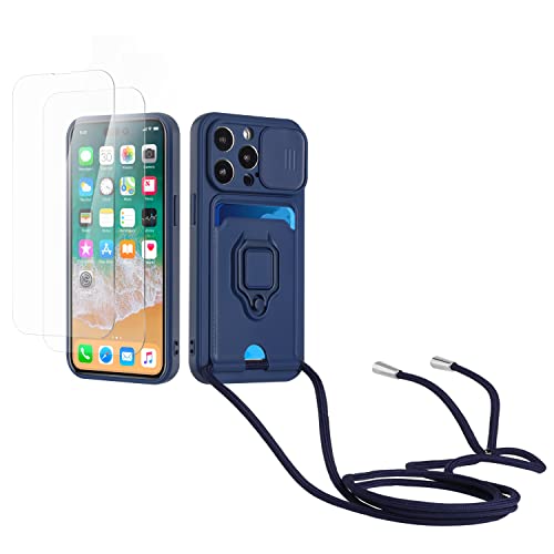 Kaslly Case für iPhone 15 Pro Handykette Hülle+[2 Schutzfolie Glas],Slide kameraschutz,Silikon Handyhülle zum Umhängen Kette,Kartenfach-Navy blau von Kaslly
