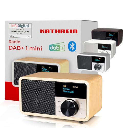 Kathrein DAB+ 1 Mini I DAB Plus Radio mit Akku I Digitalradio DAB+ & UKW mit Bluetooth, Aux 3,5mm I Küchenradio, Badradio I Tragbares Radio als Lautsprecher für Streaming I Retrodesign Holz hell von Kathrein