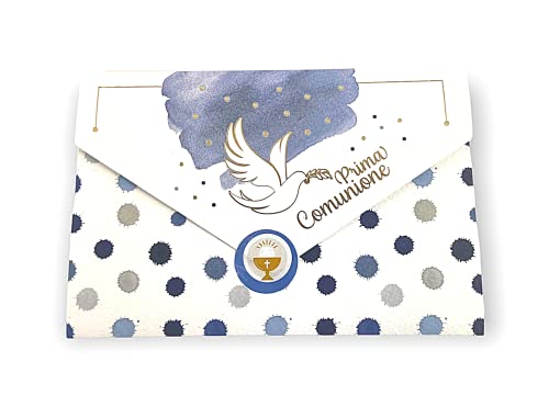 LINA OFFICINE GRAFICHE CREATIVE HBGFTBqcb' Grußkarte Kommunion Geldbeutel - für Kinder, mit Etikett zum Schließen des Umschlags, 11 x 16 cm (Blaue Taube) von LINA OFFICINE GRAFICHE CREATIVE