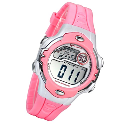 Lancardo Kinder Digital Armbanduhr, Kalender/Datum/Alarm Stoppuhr/Chronograph Multi-Funktion LED Leuchtend Sportuhr mit Silikon Armband, pink von Lancardo