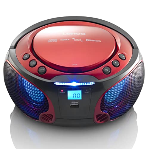 Lenco SCD-550 - CD-Player für Kinder - CD-Radio - Stereoanalage - Boombox - MP3 und USB Player - Bluetooth - 2 x 2 W RMS-Leistung - Party Lights - Rot von Lenco