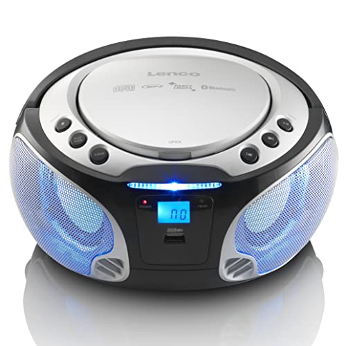 Lenco SCD-550 - CD-Player für Kinder - CD-Radio - Stereoanalage - Boombox - MP3 und USB Player - Bluetooth - 2 x 2 W RMS-Leistung - Party Lights - Silber von Lenco