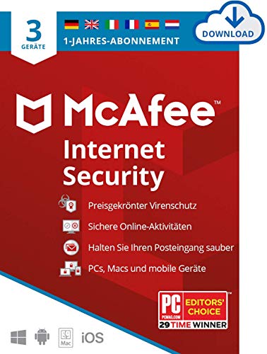 McAfee Internet Security 2024 | 3 Geräte | Antiviren-Internet-Sicherheitssoftware | PC/Mac/iOS/Android|1-Jahres-Abonnement | Aktivierungscode per E-Mail von McAfee