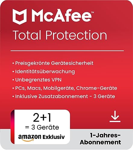 McAfee Total Protection 2024, 2 Geräte + 1 Bonusgerät Enthalten | Antivirus, VPN, Passwort-Manager, Mobil- und Internetsicherheit | PC/Mac/iOS/Android|1-Jahres-Abonnement | Aktivierungscode per E-Mail von McAfee