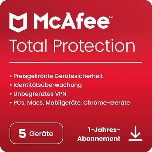 McAfee Total Protection 2024, 5 Geräte | Antivirus, VPN, Passwort-Manager, Mobil- und Internetsicherheit | PC/Mac/iOS/Android|1-Jahres-Abonnement | Aktivierungscode per E-Mail von McAfee