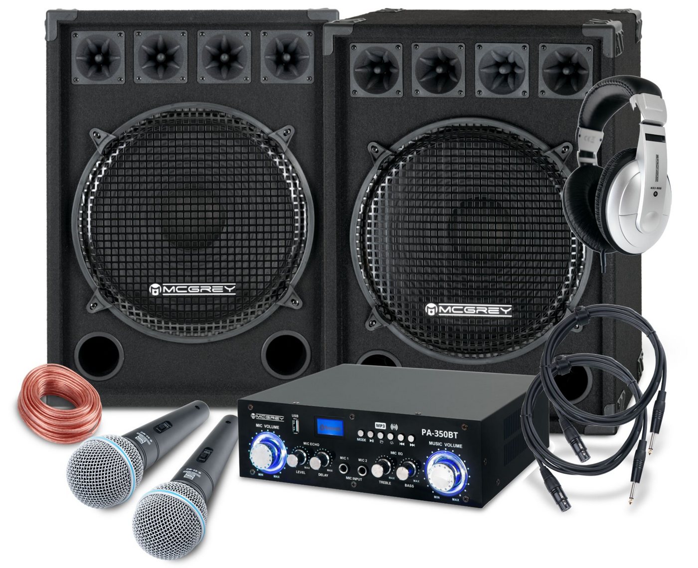 McGrey DJ Karaoke Komplettset PA Anlage Party-Lautsprecher (Bluetooth, 800 W, 2-Wege Partyboxen (15 zoll) Subwoofer - inkl. Endstufe & Mikrofone) von McGrey